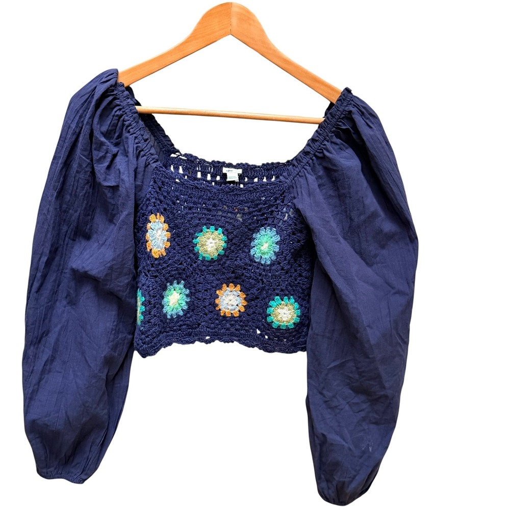 Aerie Top Women XS Cropped Navy Crochet Floral Granny Square Puff Sleeve Boho